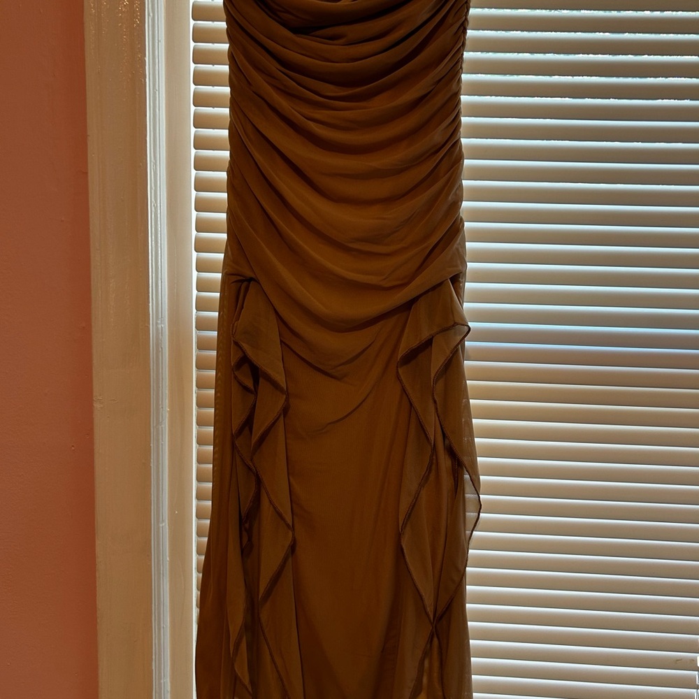 Elegant Brown Ruched Cascade Evening Dress S